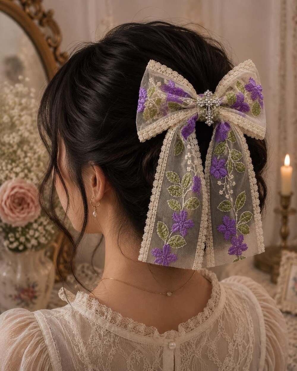 Coquette Purple Floral Embroidered Sheer Hair Bow Clip